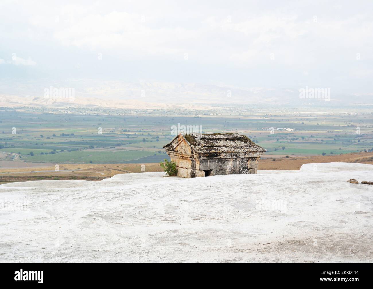 Denizli, Turkey - Sept 2017: A sarcophagus from the necropolis of the ancient city of Hierapolis on the Pamukkale travertines Stock Photo