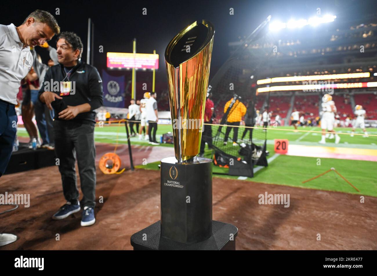 The College Football Playoff National Championship trophy sits on the field during an NCAA football game between the Southern California Trojans and t Stock Photo