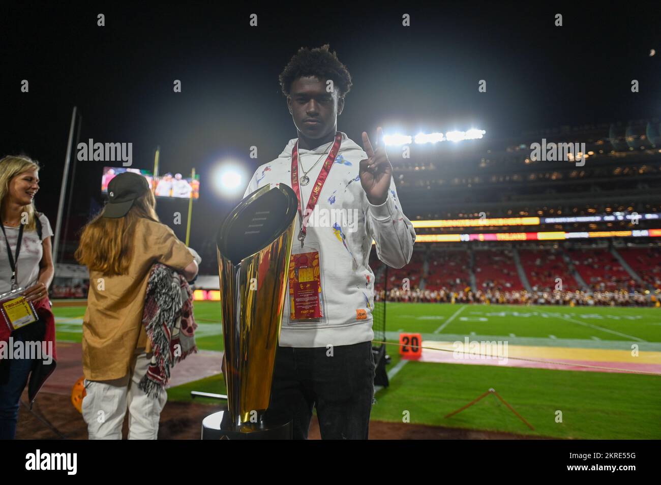 Serra high school cornerback Rodrick Pleasant poses with the College Football Playoff National Championship trophy during an NCAA football game betwee Stock Photo