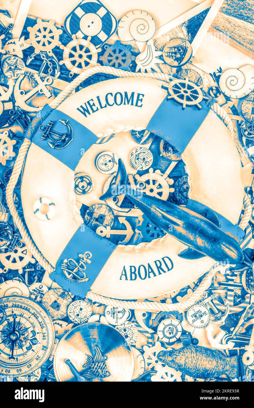 A seafaring scene of island objects and boating buttons in blue decorative layout Stock Photo