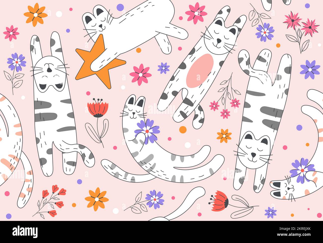 Seamless pattern with cats and flowers hi-res stock photography and ...