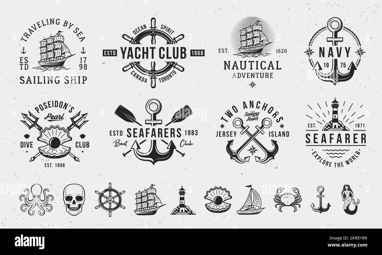 Vintage hipster logo templates and 10 design elements for Nautical emblems. Nautical, Sea, Marine emblems templates. Stock Vector