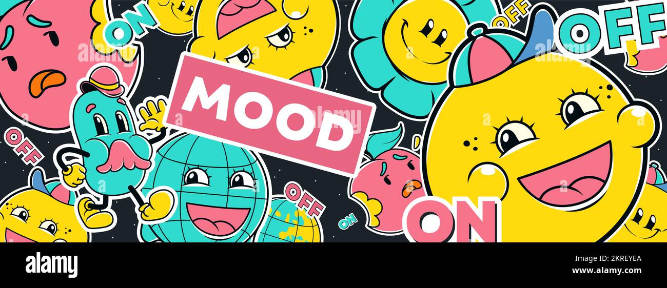 Y2k banner, mood on off concept with funny characters yellow emoji face, flower, apple and Earth globe smile and feel positive or sad emotions. Cartoon retro vector background in trendy style Stock Vector