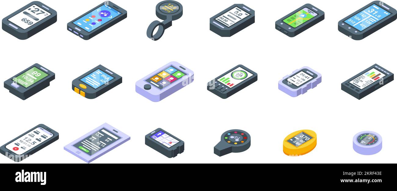 Bike computer icons set isometric vector. Road digital. Sports energy ...
