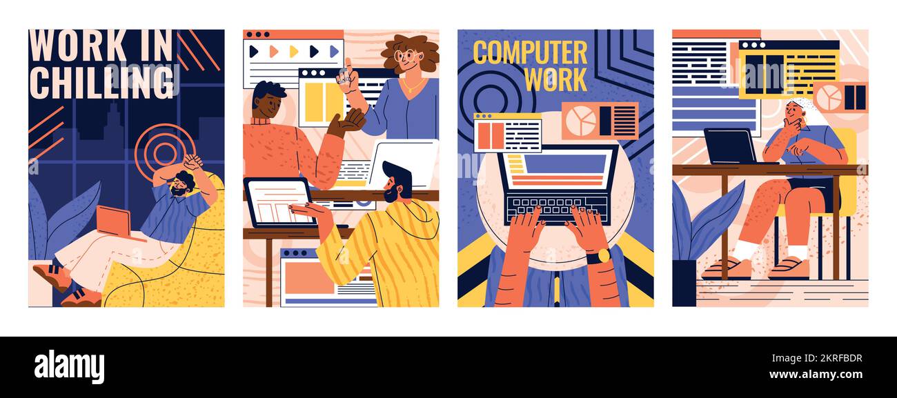 Set of people working on laptops Stock Vector