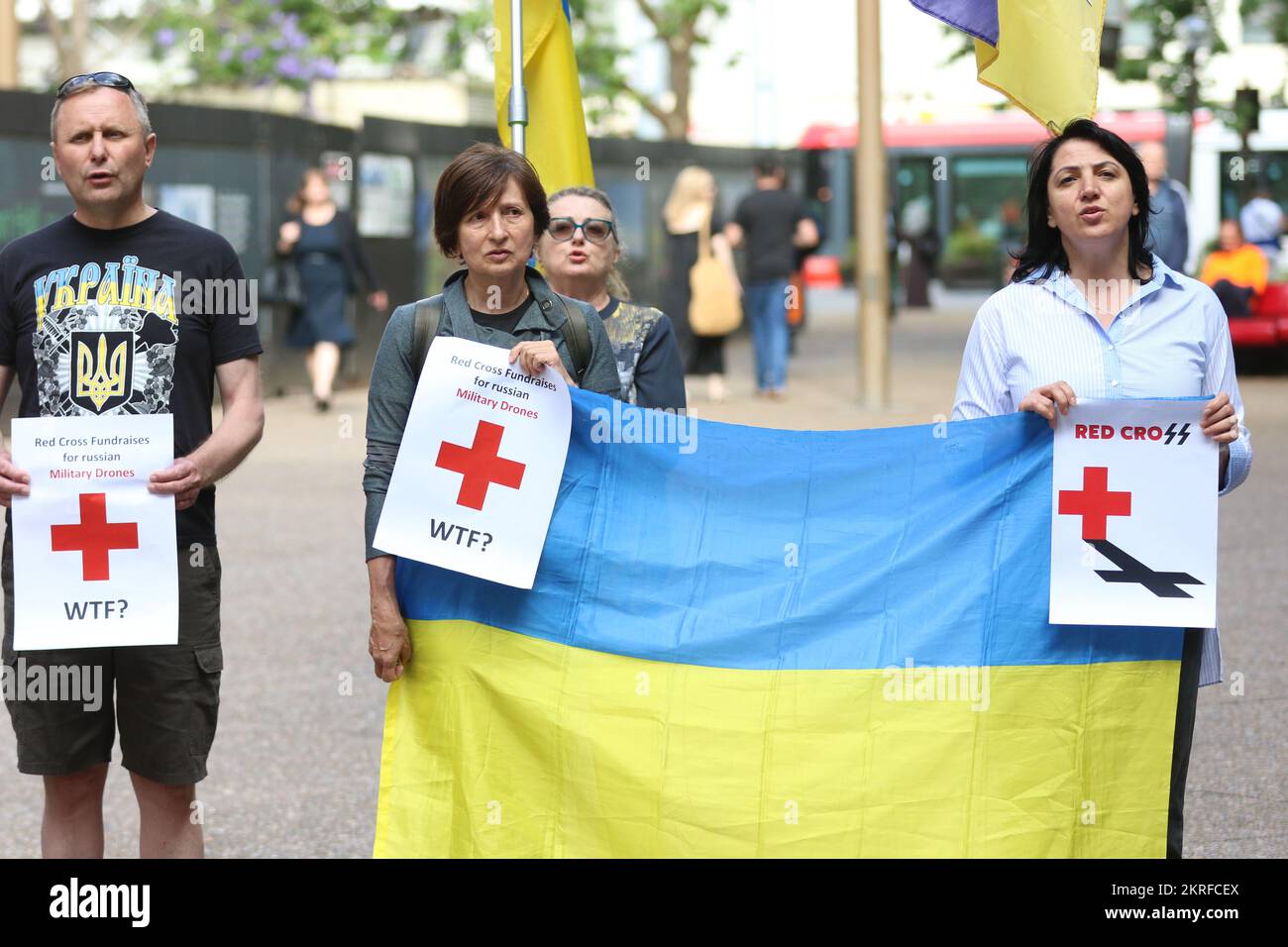 Sydney, Australia. 29th November 2022. A protest was held outside the Red Cross office at 464 Kent Street as they accuse the Russian Red Cross stealing property of the Ukrainian Red Cross in Crimea under the quiet approval from other offices and from the ICRC as well as fundraising for the Russian army and other efforts that could help Russia in the war against Ukraine. Credit: Richard Milnes/Alamy Live News Stock Photo
