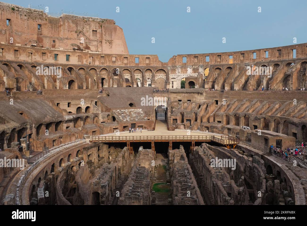 Rome, Italy - Interior of Roman Colosseum, an ancient oval amphitheatre. Inside largest arena for gladiators. Famous landmark. Tourist attraction. Stock Photo