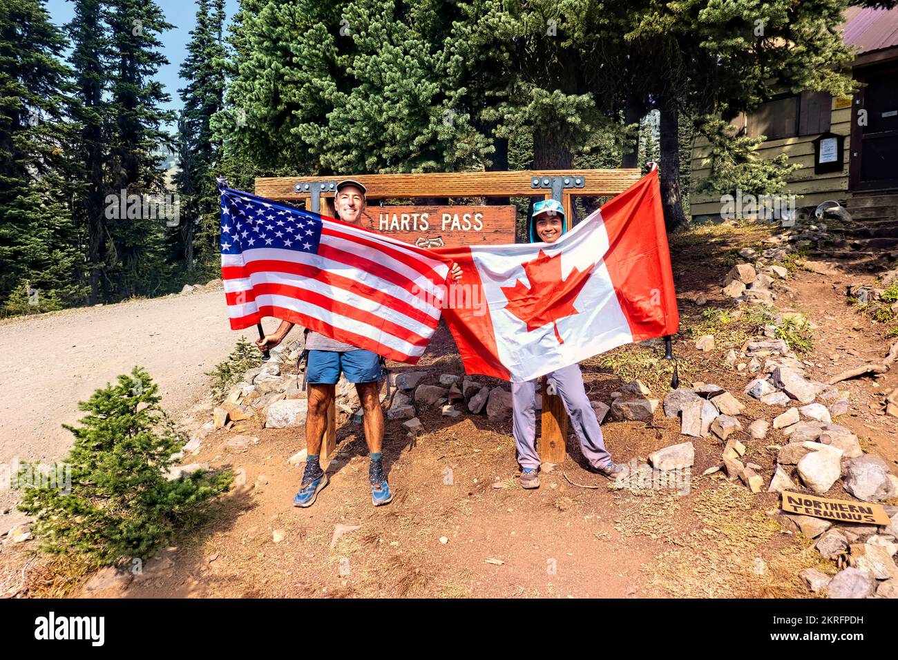 Thru hikers at Harts Pass, Pacific Crest Trail, Washington, USA Stock Photo
