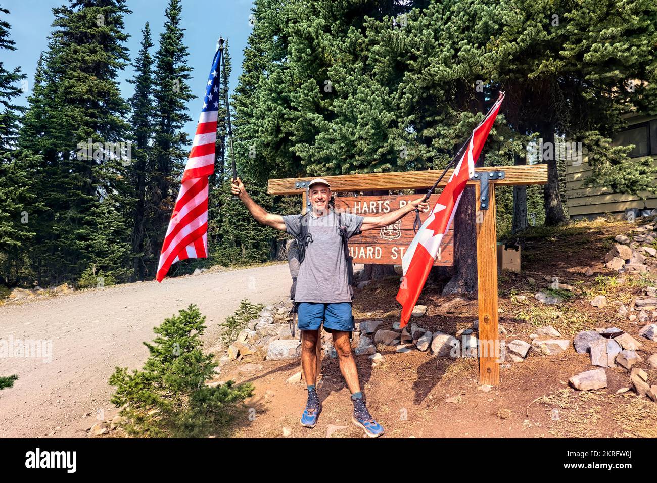 Thru hiker at Harts Pass, Pacific Crest Trail, Washington, USA Stock Photo