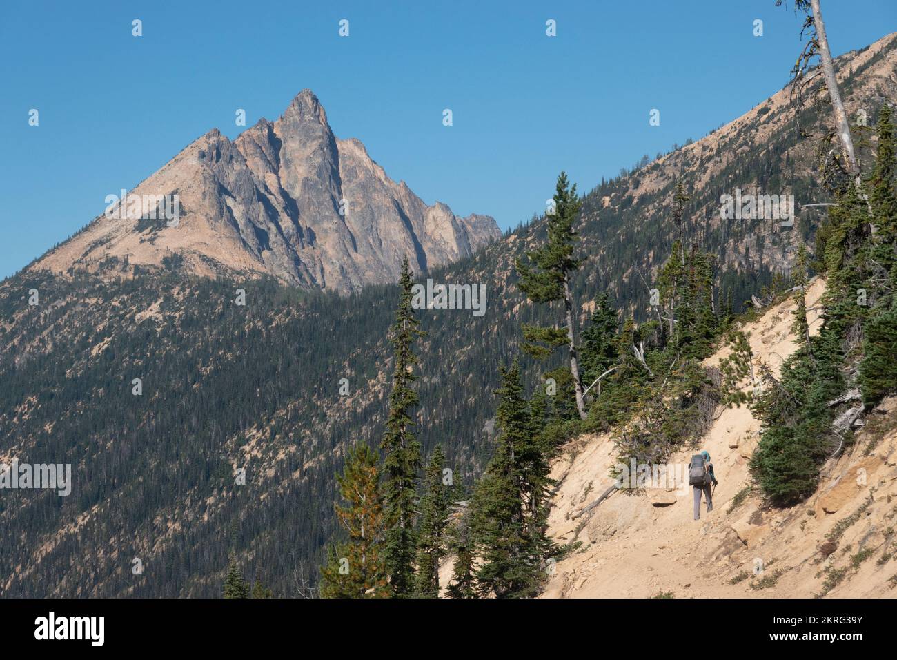 Heading to Tower Peak and the Golden Horn, Pacific Crest Trail, North Cascades, Washington, USA Stock Photo