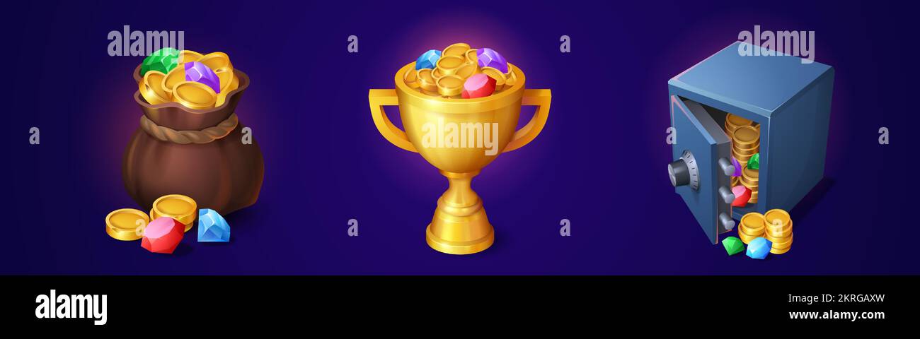 Money game icons, sack, goblet and safe full of golden coins and gem ...