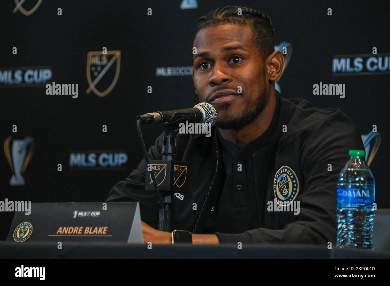 Philadelphia Union goalkeeper Andre Blake during MLS Cup Media Day, Thursday, Nov. 3, 2022, in Los Angeles. (Dylan Stewart/Image of Sport) Stock Photo