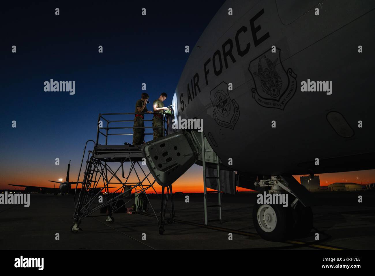 U.S. Air Force Airman 1st Class Ethan Schuele, left, and Staff Sgt. Alex Bullock, 6th Aircraft Maintenance Squadron instrument and flight control systems technicians, repair a pitot-static tube on a KC-135 Stratotanker aircraft assigned to the 6th Air Refueling Wing at MacDill Air Force Base, Florida, Nov. 17, 2022. IFCS technicians ensure the electronic components that run the guidance and control systems are functioning properly. Stock Photo