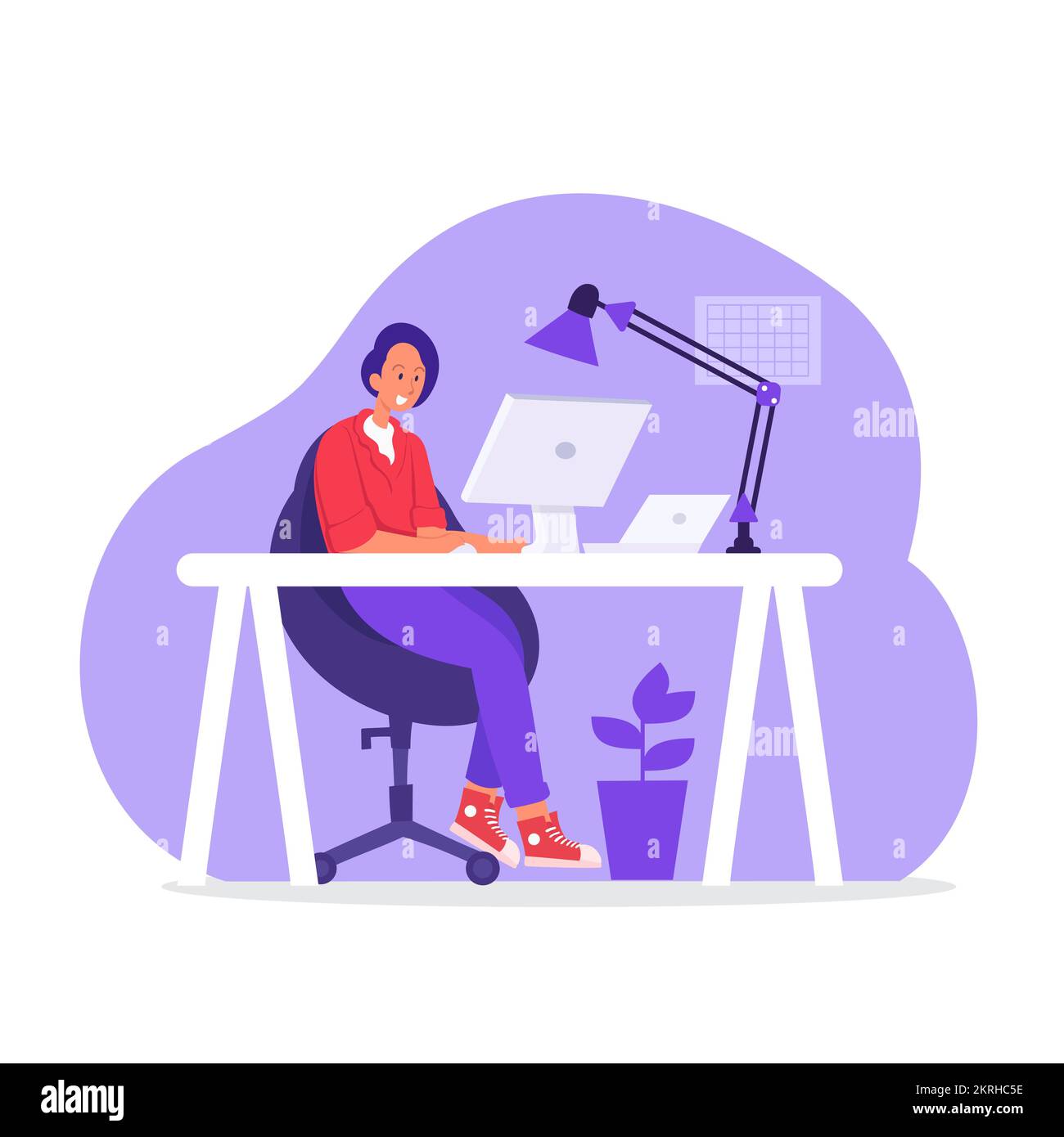 Graphic designer in workplace. freelancer woman sitting at workspace. Stock Vector