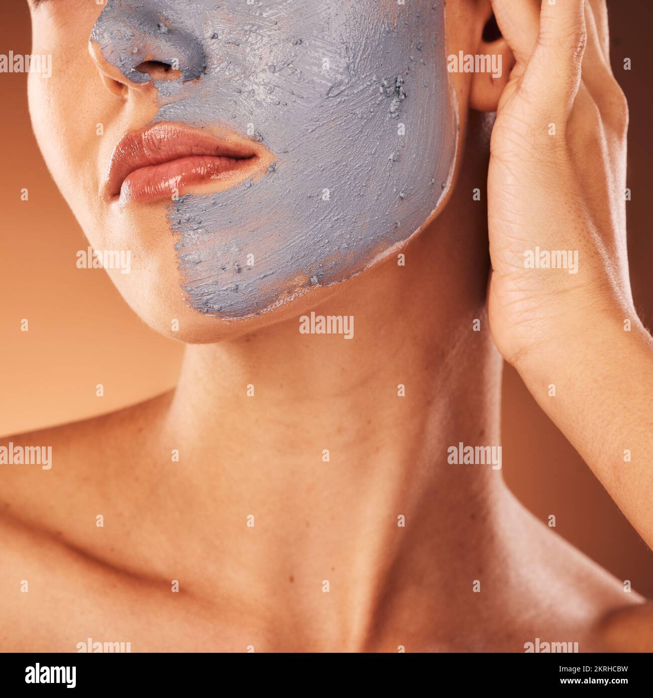 Facial mask, skincare and beauty of a woman face doing self care, health and wellness for skin. Face cleaning, dermatology and relax cosmetic cream of Stock Photo