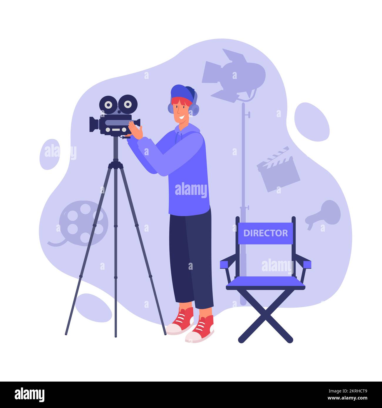 Videographer or director cartoon vector illustrations. Man using camera making video Stock Vector