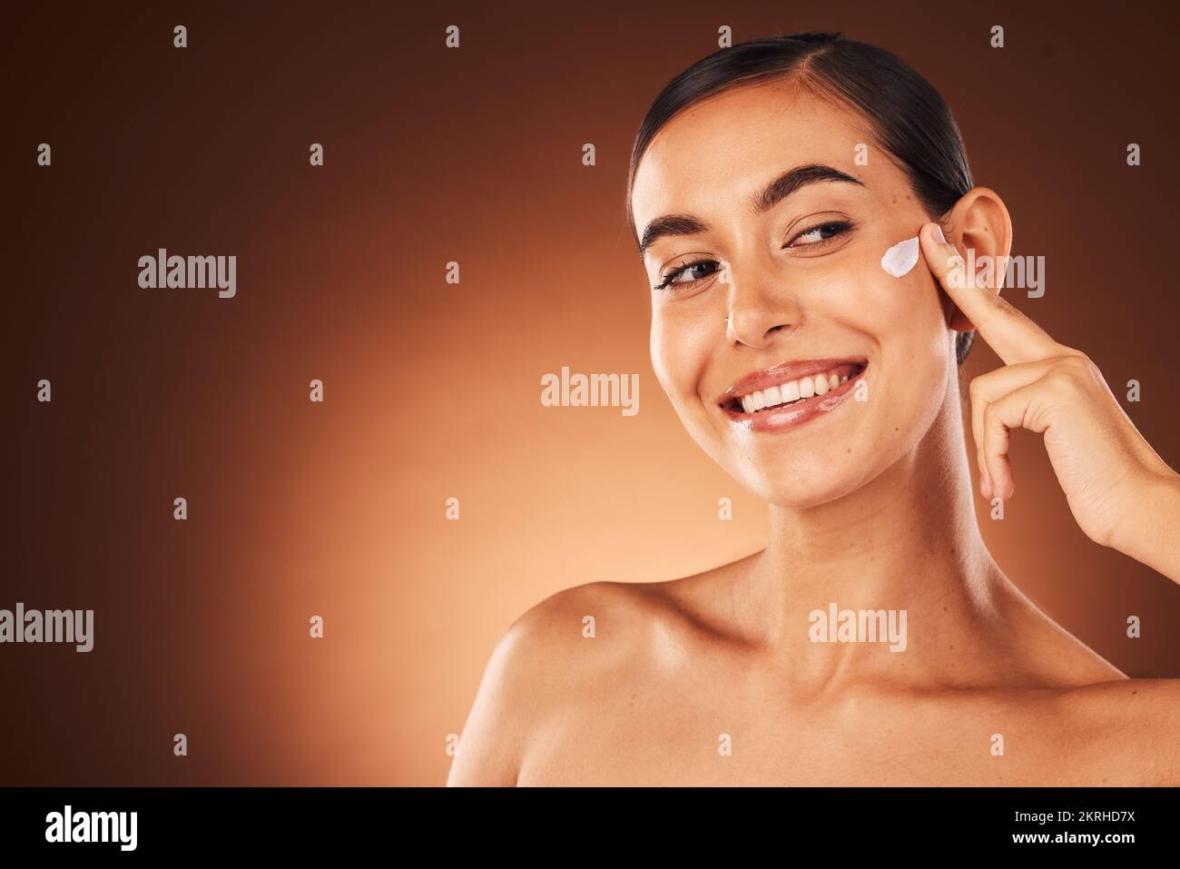 Skincare, beauty and woman with cream product or sunscreen for wellness and skin health. Cosmetic, collagen and facial lotion with mockup happy about Stock Photo