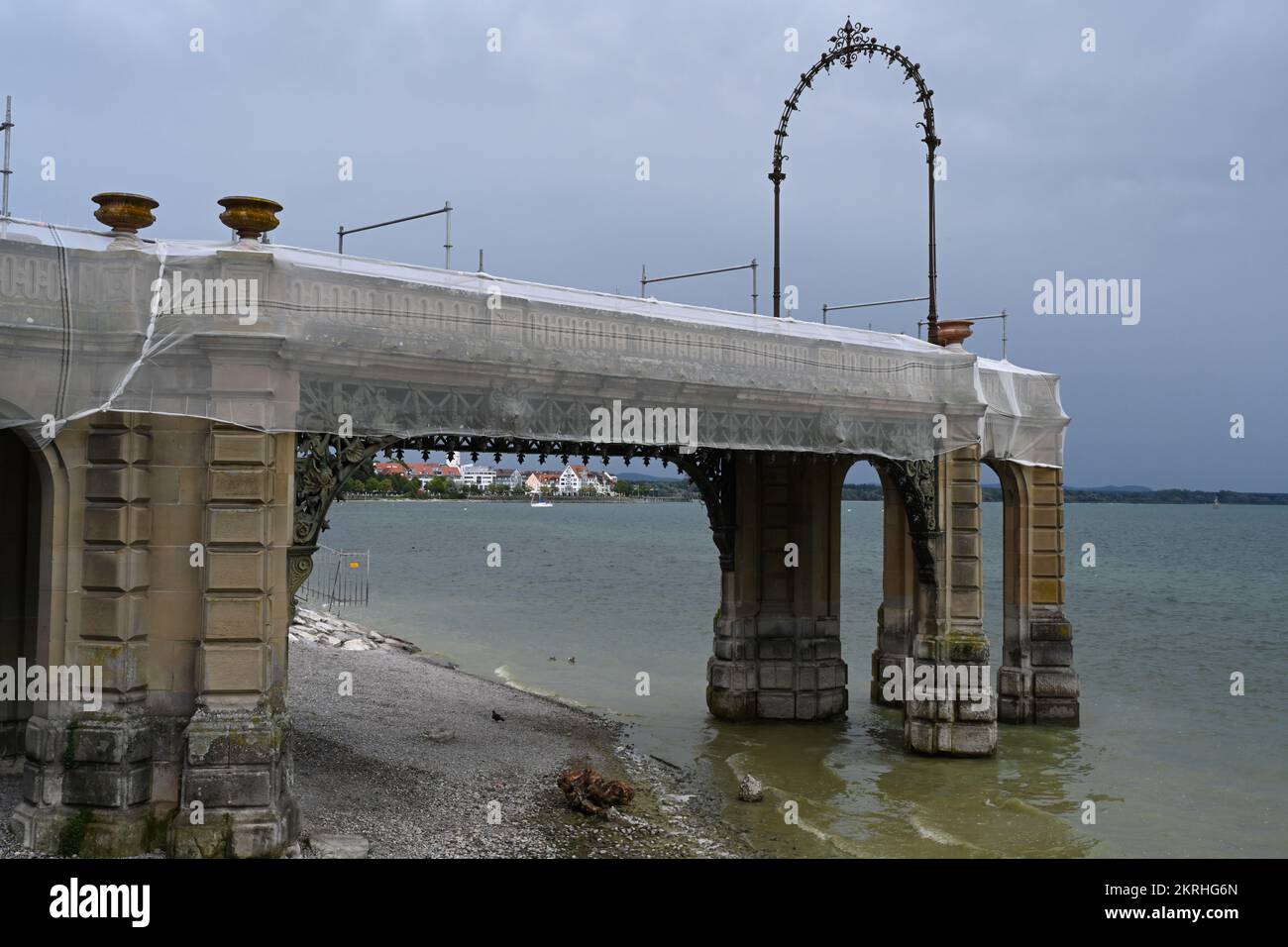 Lateral view of Victorian pier situated in Friedrichshafen on Lake Constance in Germany. Stock Photo