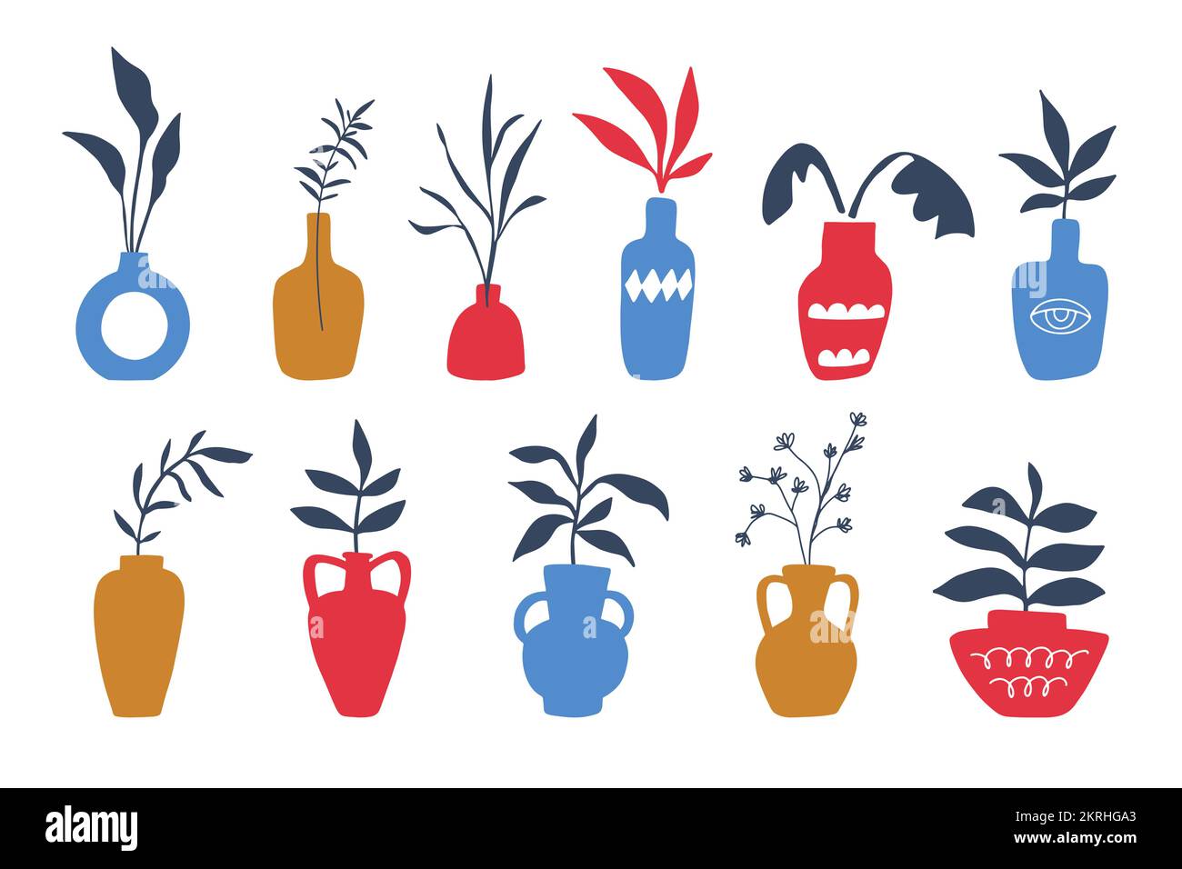 Ceramic pots and greek clay vases with different decorative plant ...