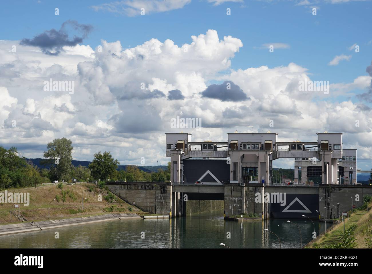 View on  two locks with open one gate situated next to hydroelectric power station Kembs on the river Rhine. Stock Photo