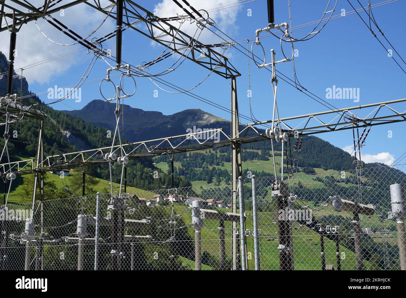 High voltage electricity power distribution plant with cables, expulsion fuses, surge arrester and other components. Stock Photo