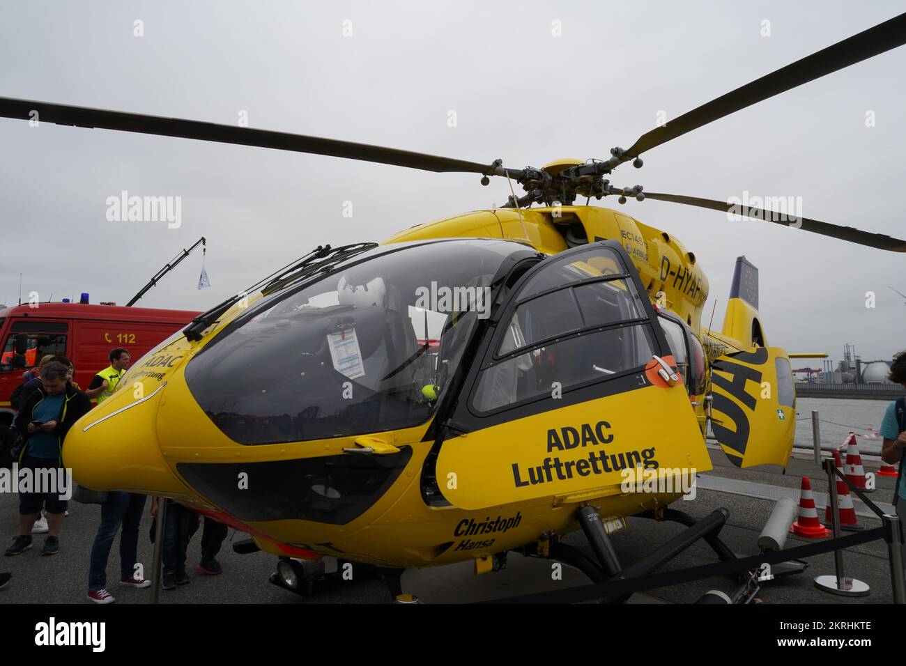 Yellow D-HYAF ADAC air rescue helicopter or Eurocopter EC145 exhibited during open day. Stock Photo
