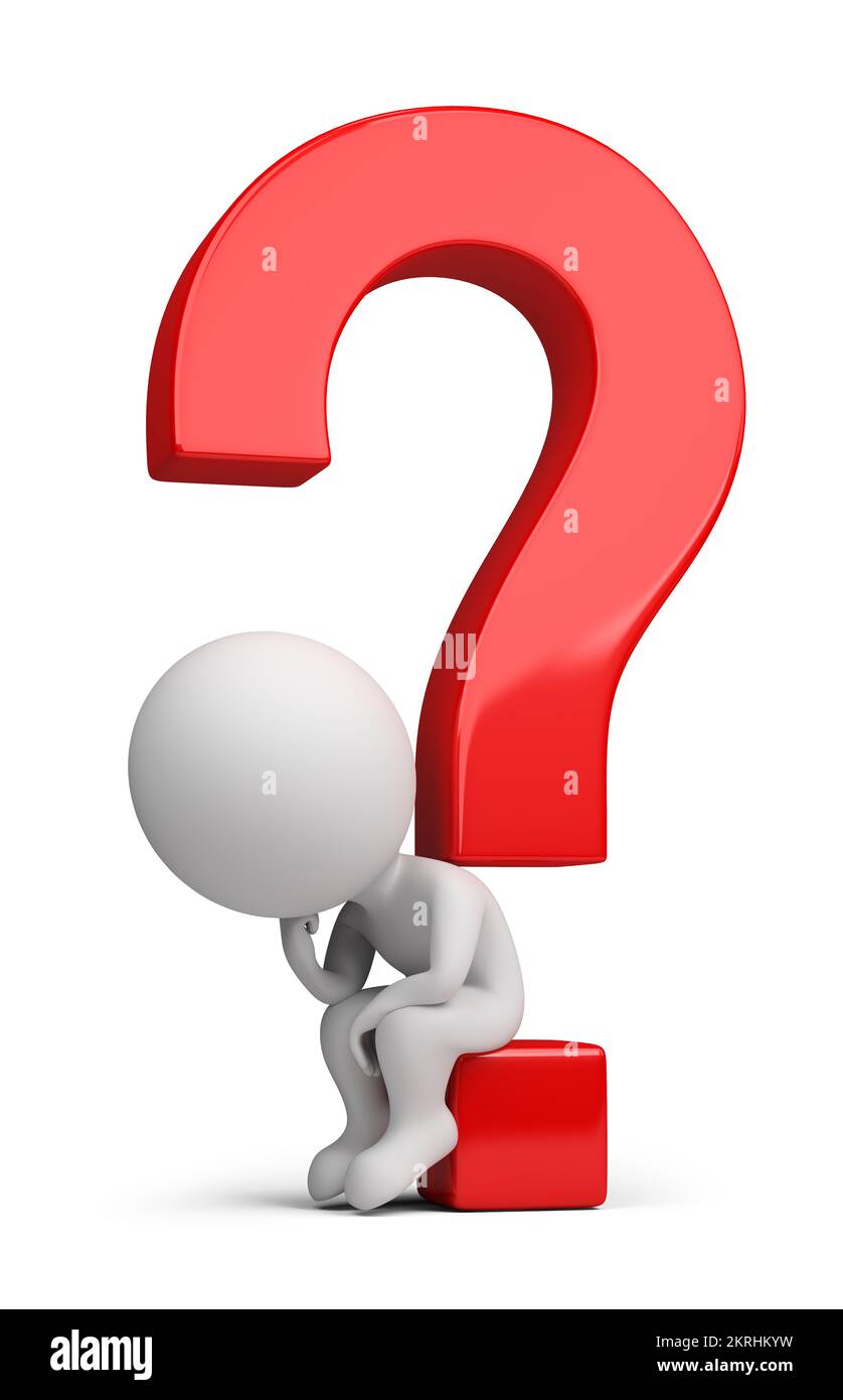 3d small people thinker sitting on a red question. 3d image. White background Stock Photo Alamy