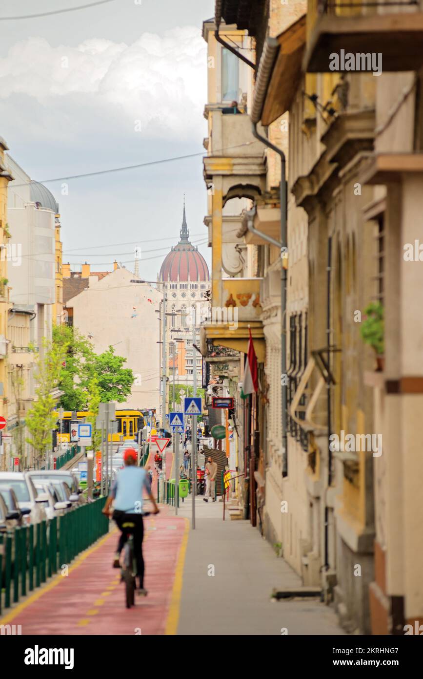 Retek street in Budapest old town with Parliament dome view Stock Photo