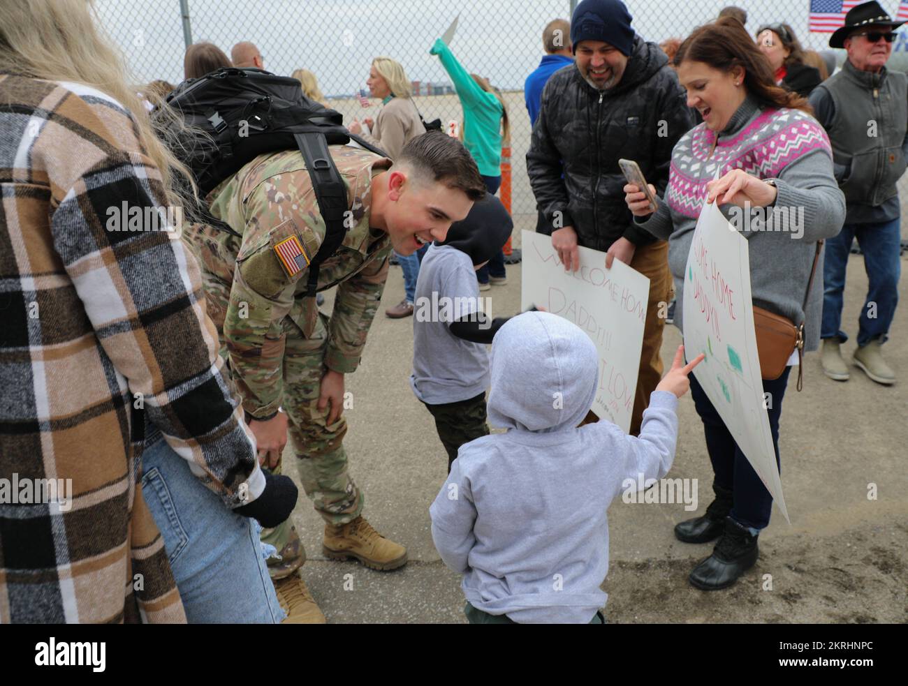 Kentucky Soldiers from the 1st Battalion, 149th Infantry Brigade were greeted by Kentucky National Guard leadership, friends and family at the Bluegrass Airport in Lexington, Ky., as they arrived home from their deployment to Kosovo Nov. 17, 2022. Stock Photo