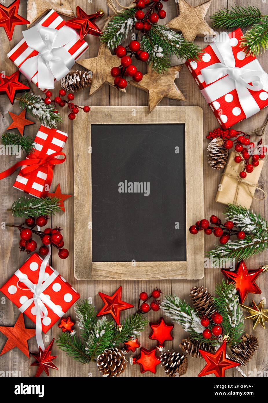 Christmas decoration wooden sign chalkboard gifts ornaments Stock Photo