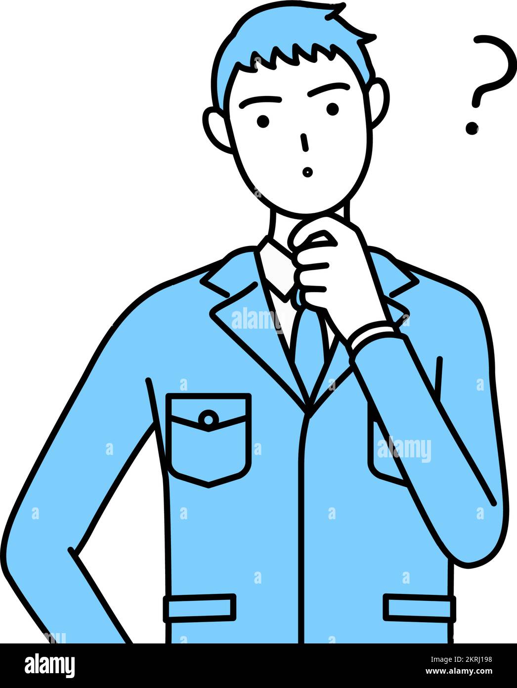 Simple line drawing of a Man in work clothes with questions Stock