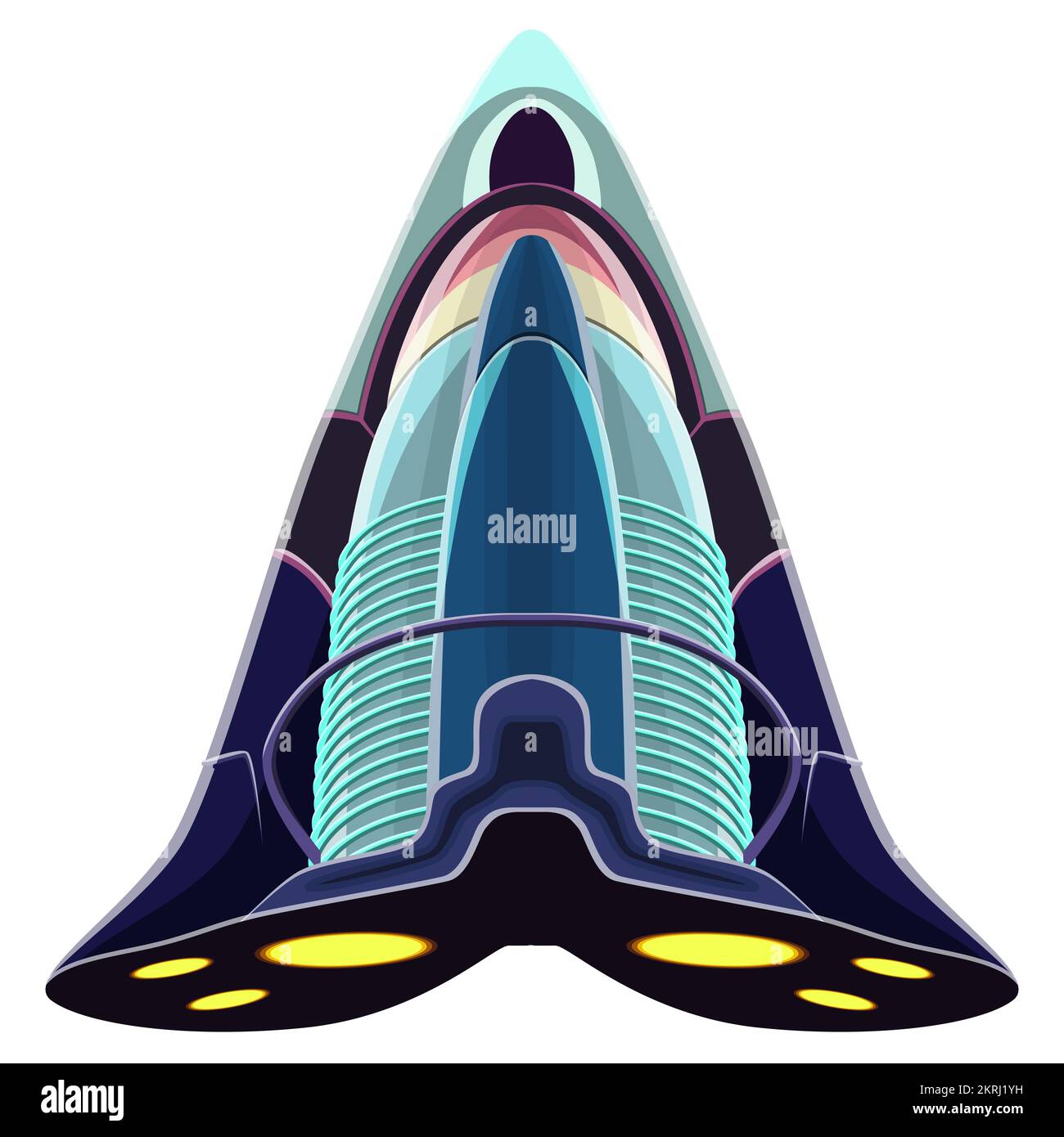 Cartoon futuristic spaceship isolated on white. Aggressive form similar fighter aircraft. Vector design element. Stock Vector