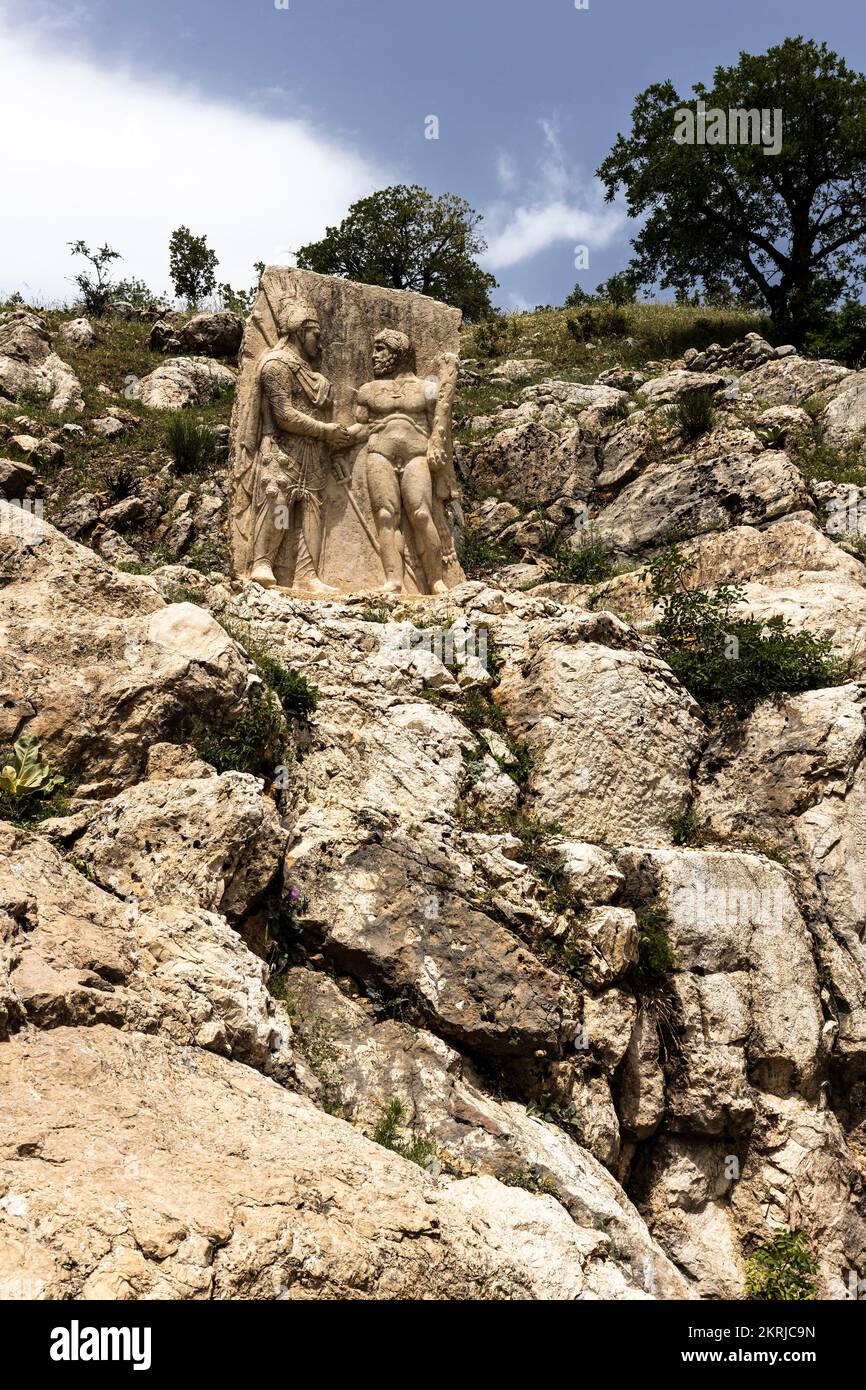 Arsameia(Nymphaios), stele relief of Heracles and King Mithridates, ancient city of Commagene kingdom, Kahta, Ad?yaman province, Turkey, Asia Stock Photo