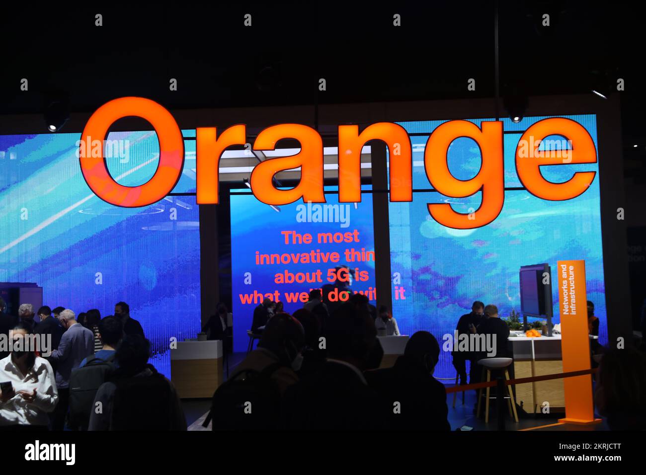 Barcelona, Spain. 28 February, 2022. The stand of mobile network operator, Orange, during the Mobile World Congress (MWC), the annual trade show organ Stock Photo