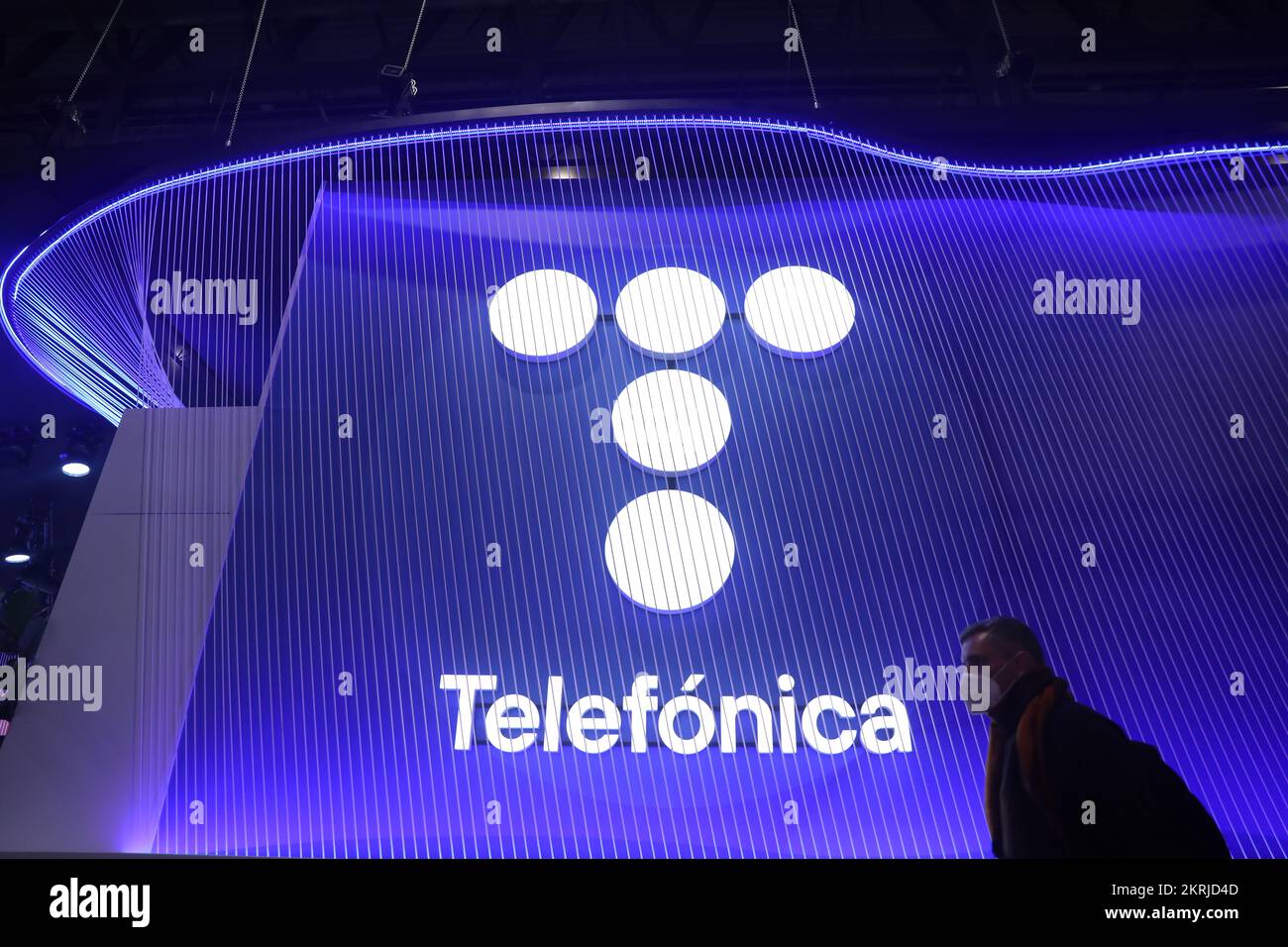Barcelona, Spain. 28 February, 2022. The stand of mobile network operator, Telefonica, during the Mobile World Congress (MWC), the annual trade show o Stock Photo
