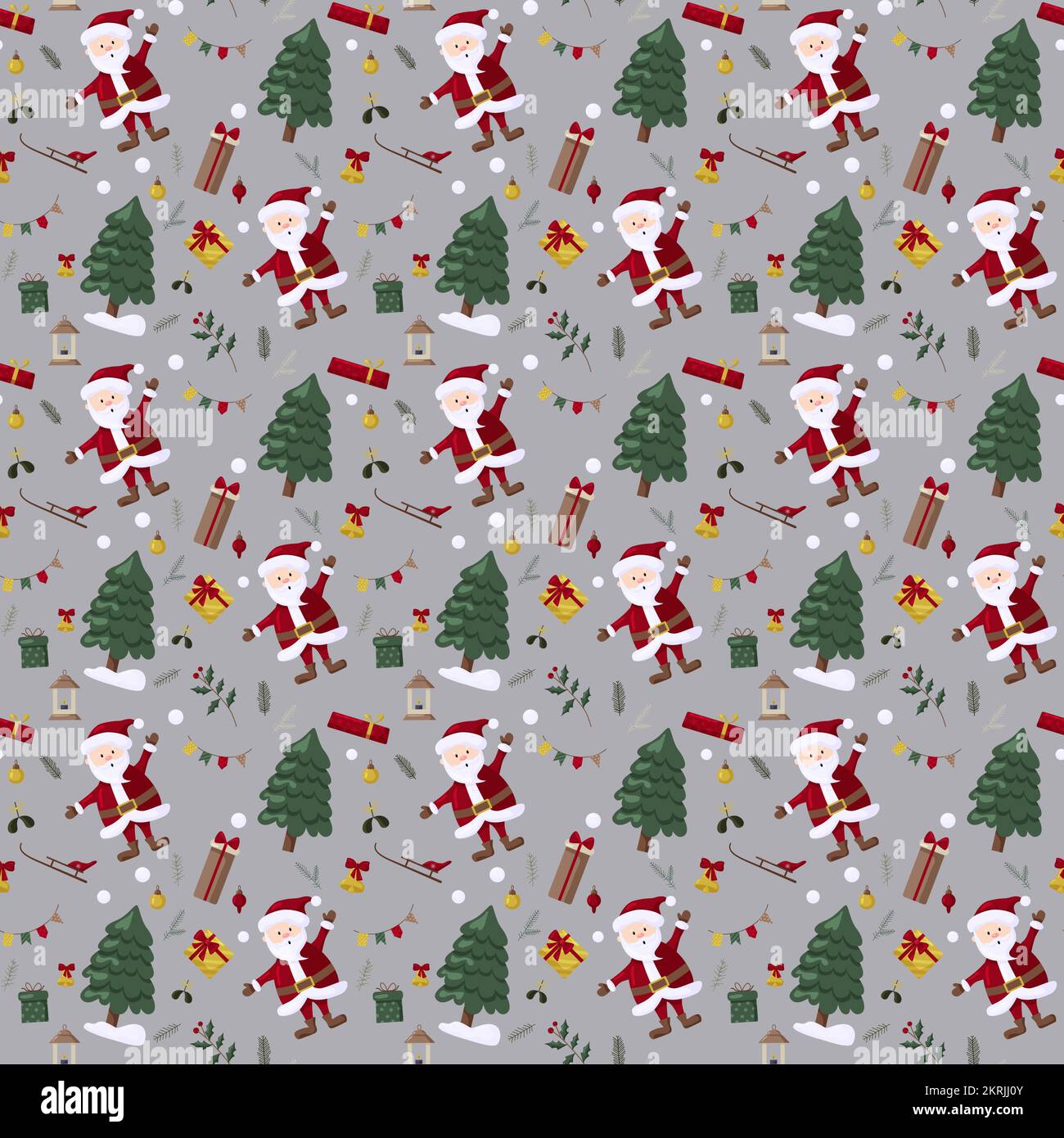 Christmas seamles pattern with tree, santa, decoration, gifts. Christmas seamless pattern perfect for textile, wrap and wallpaper and design. Stock Vector