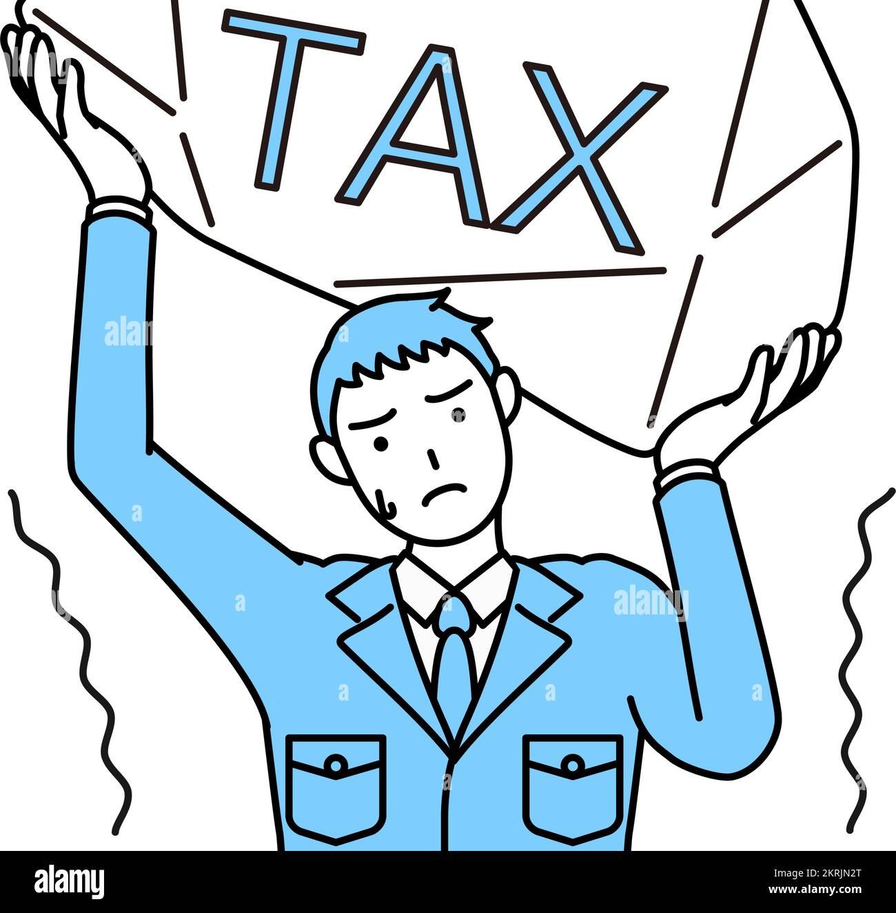 Simple line drawing of a Man in work clothes suffering from tax