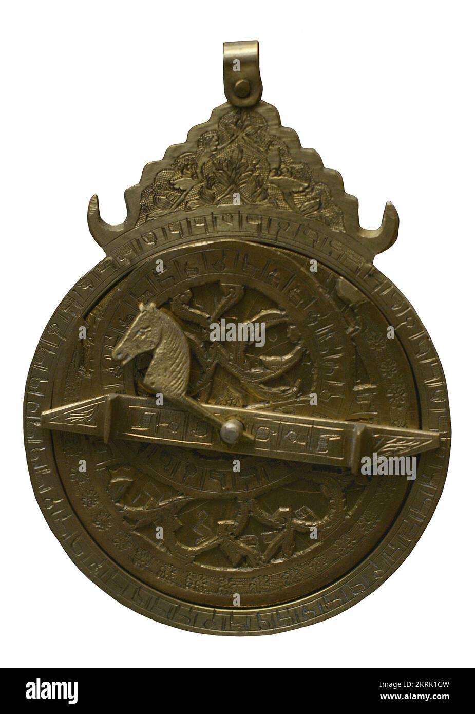Astrolabe. 19th century. Bronze. Geometric and vegetal decoration and Hebrew inscriptions. Sephardic Museum. Toledo. Castile-La Mancha. Spain. Stock Photo