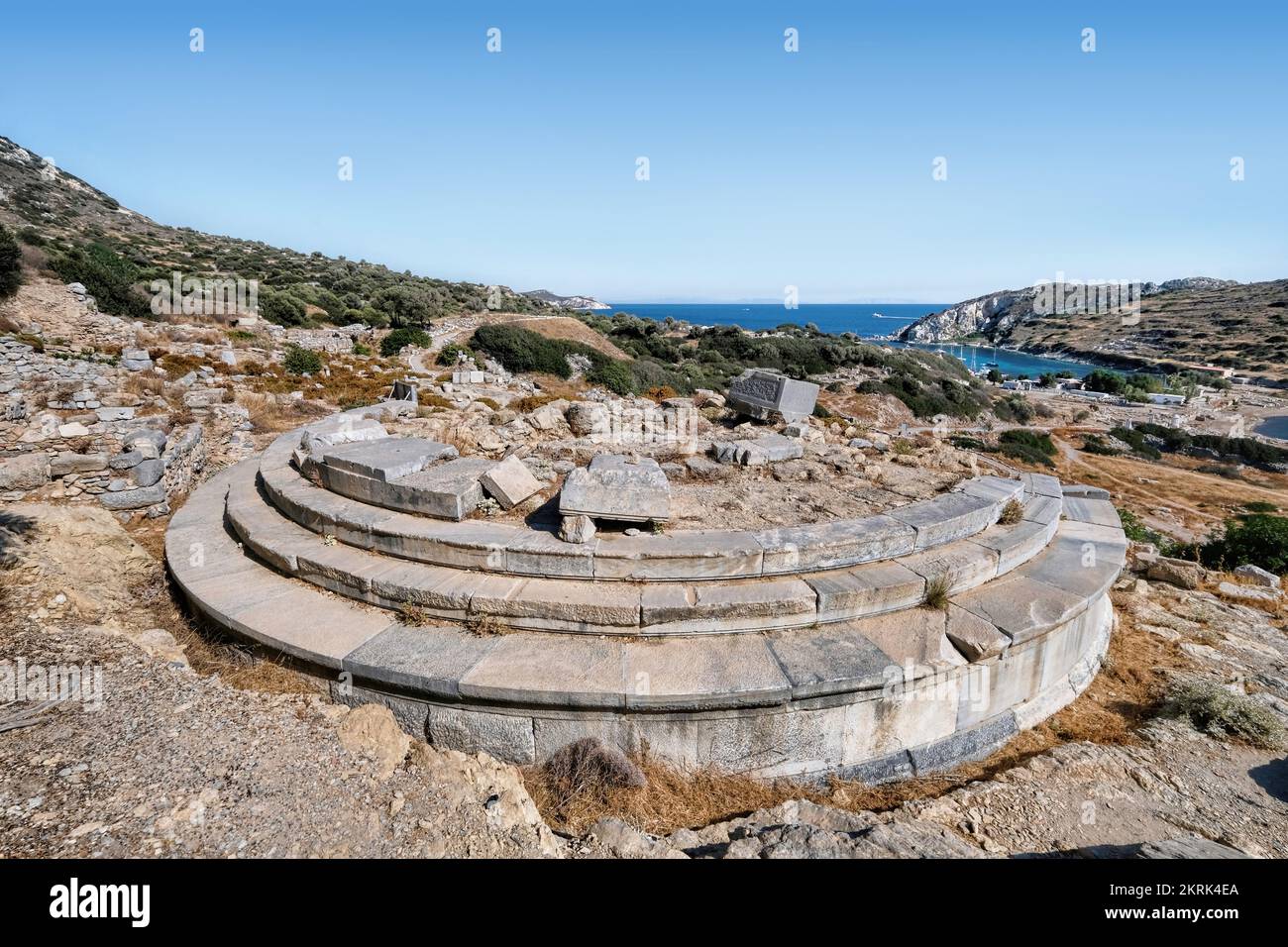 Datça, Muğla, Turkey, Sep. 2021: View of the round Temple of Aphrodite temple at Knidos. Archaeological site of ancient Greek city Knidos in Datca Stock Photo
