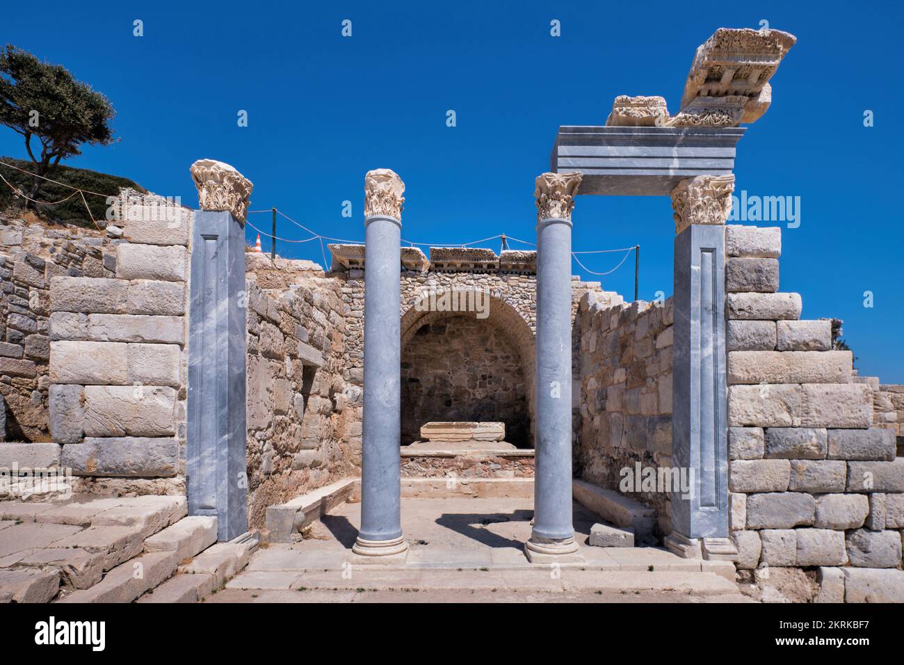 Datça, Muğla, Turkey, Sep. 2021: Blue marble columns and Corinthian style column heads of ancient Greek city Knidos in Datca Stock Photo