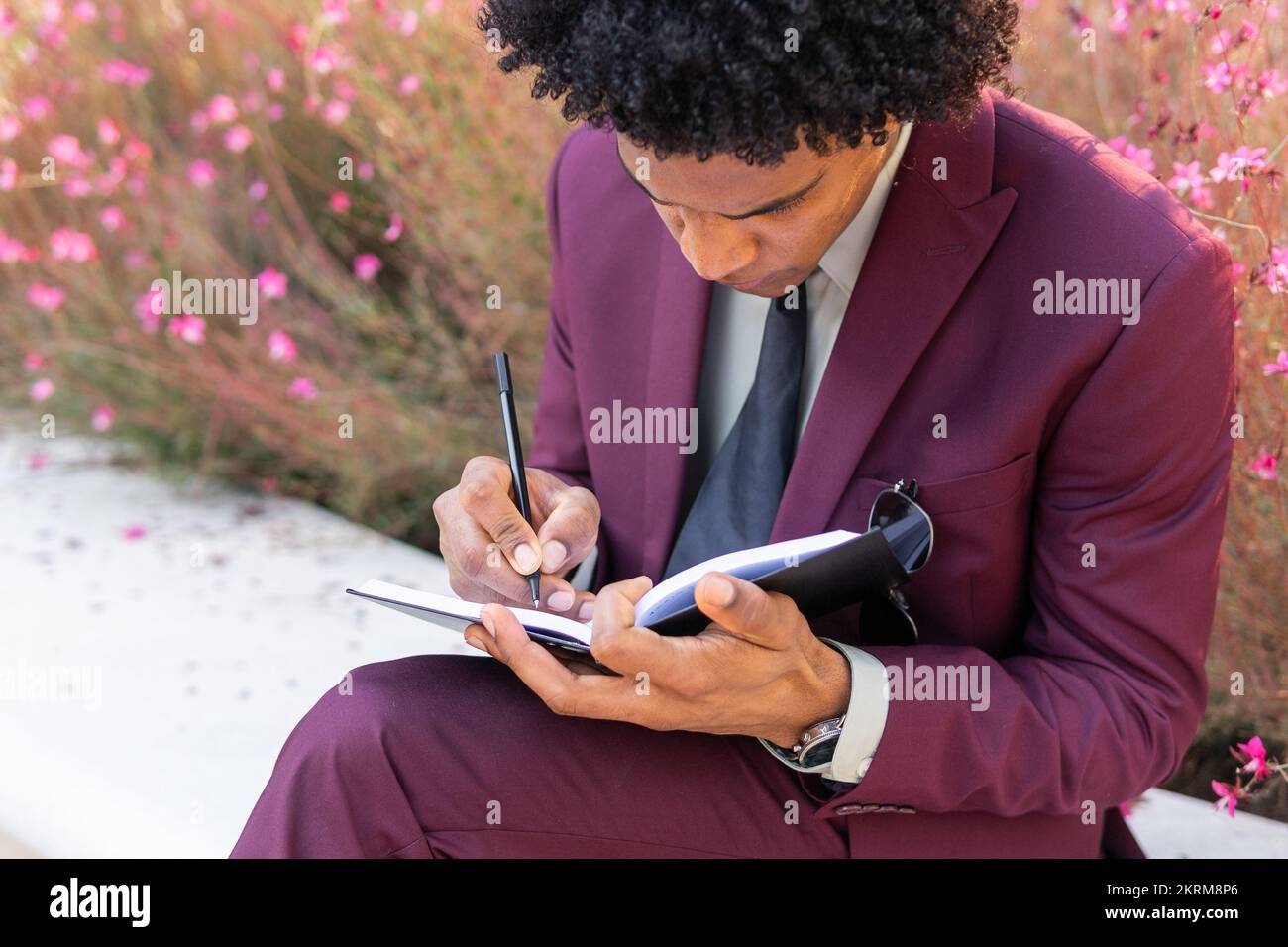 Focused ethnic male manager with Afro hair in classy suit taking notes in planner while sitting on bench in park Stock Photo