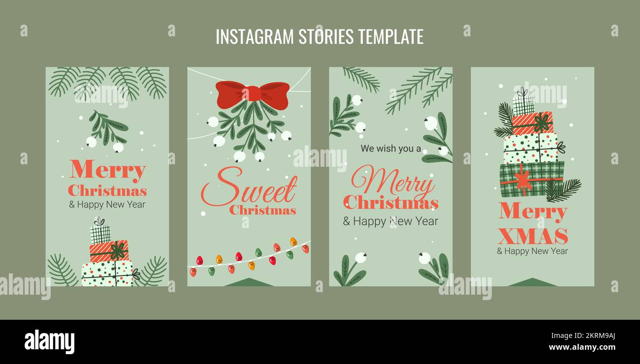 set of christmas templates for instagram stories mistletoe twigs gifts