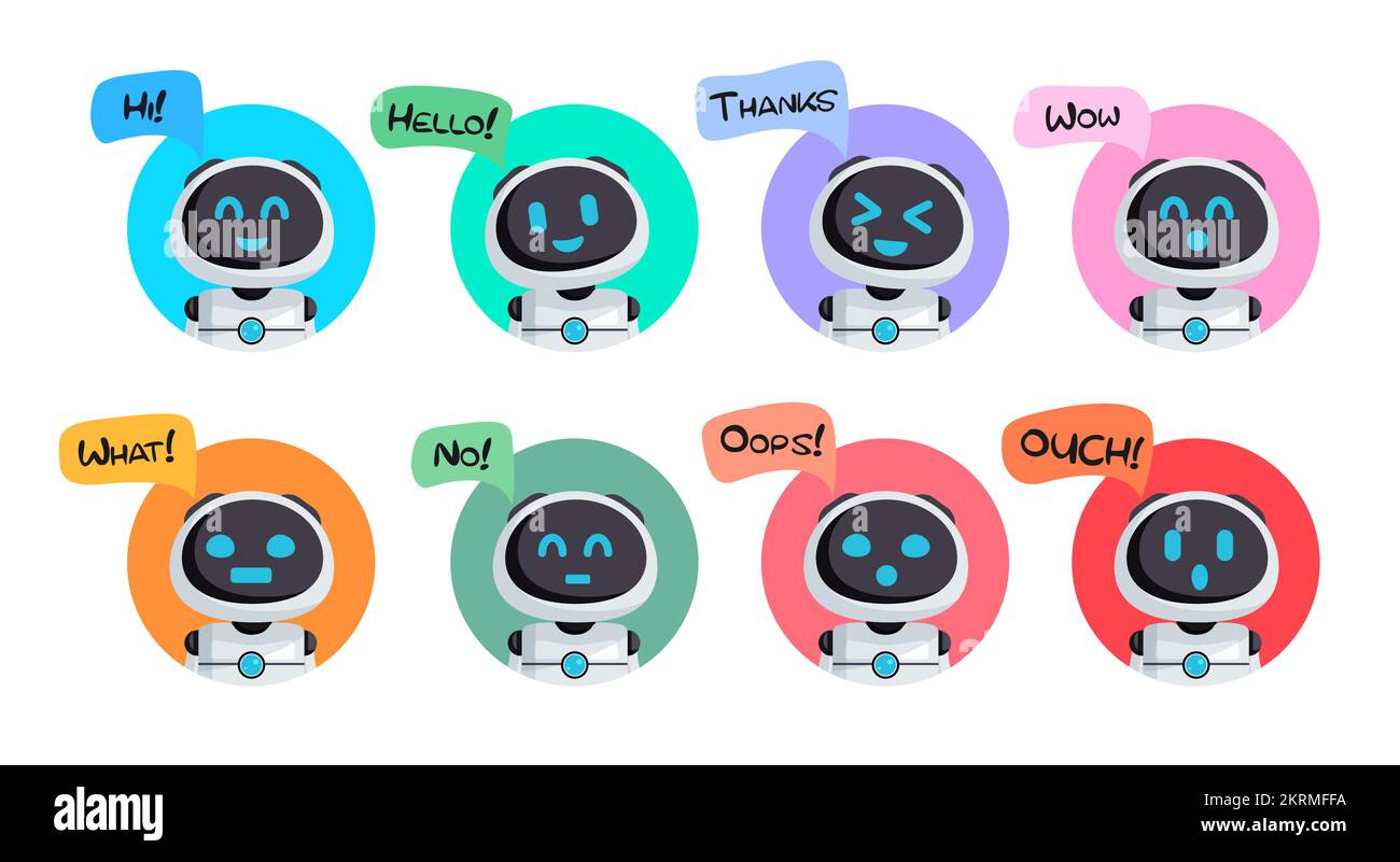 Robot character set vector design. Robots characters collection with happy and friendly face expression isolated in white background. Stock Vector