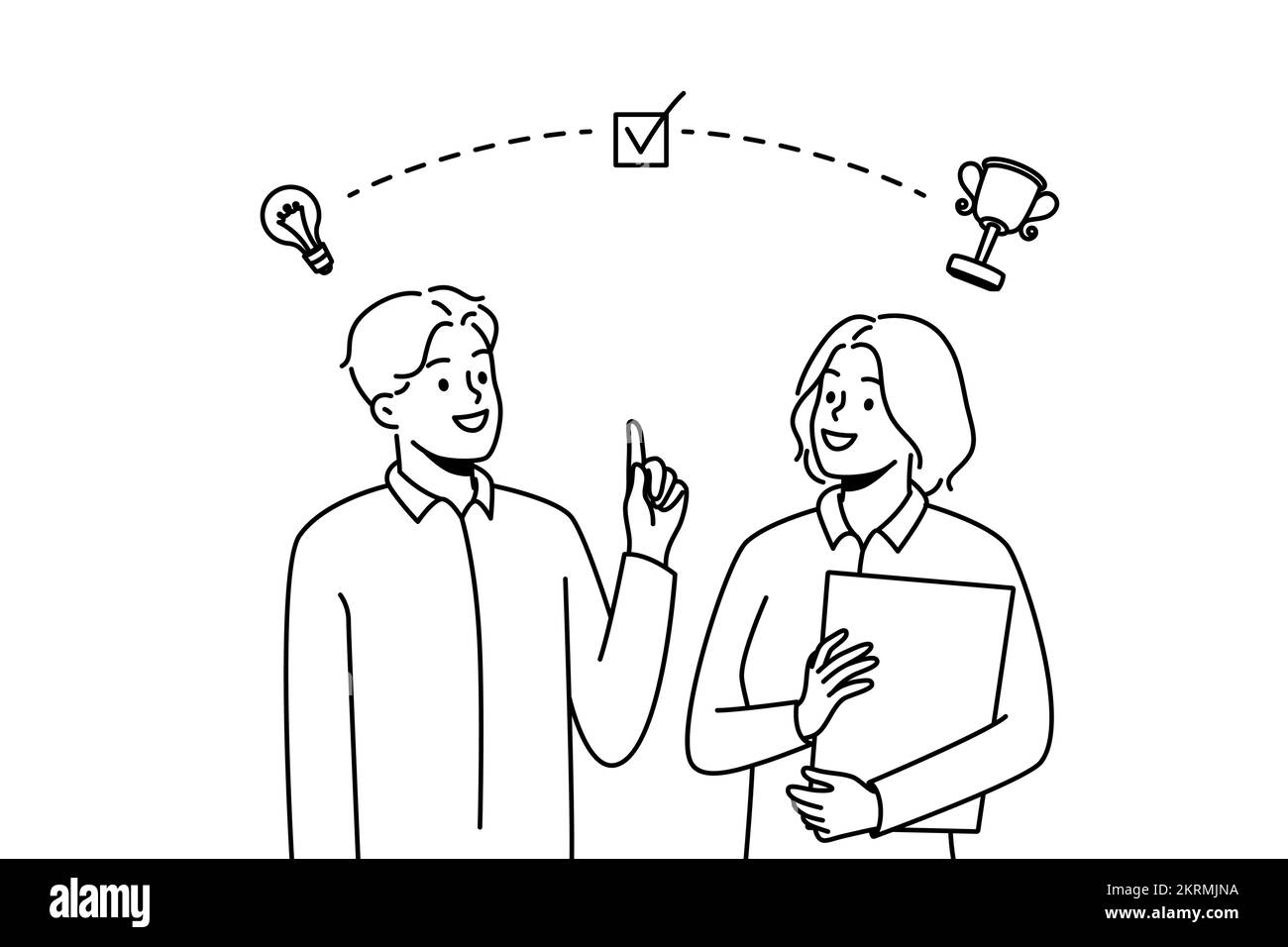 Smiling businesspeople brainstorm together for shared success or goal. Happy employees generate creative business ideas for achievement. Vector illustration.  Stock Vector