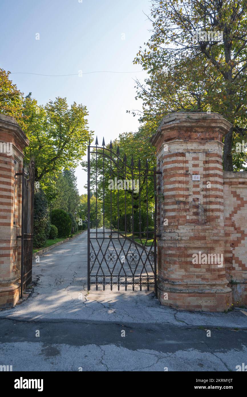 Viale Niccolai Avenue, Villa Fermani Park entrance, Corridonia, Marche, Italy, Europe Stock Photo
