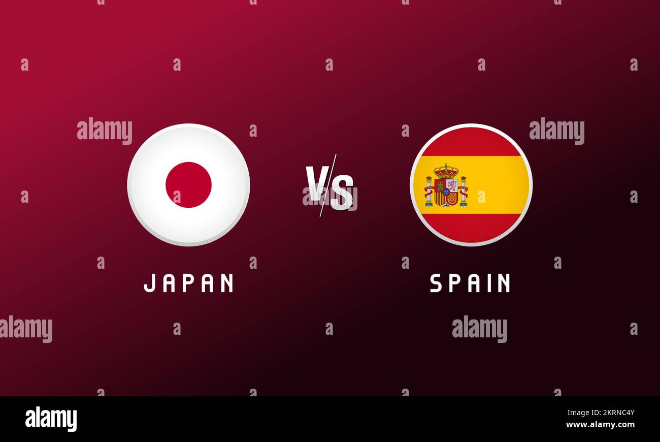 Japan vs Spain flag round emblem. Football cover background with