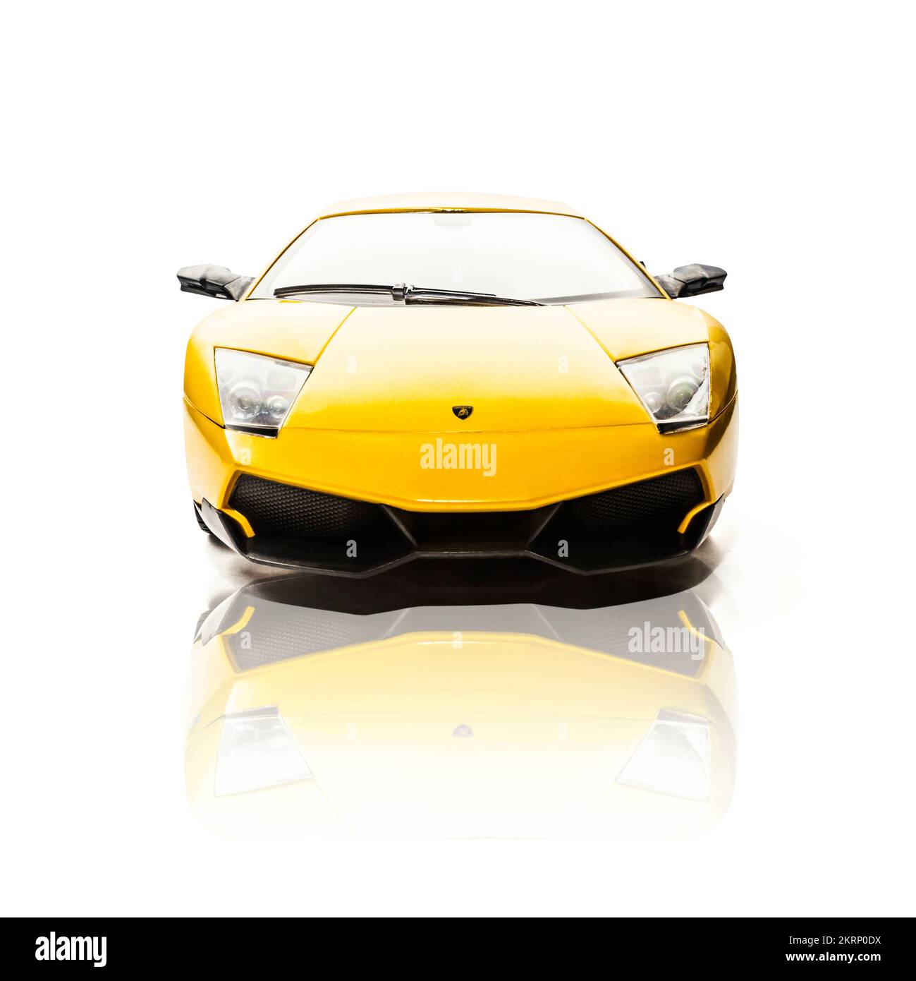 Fine auto artwork on the front of a prestigious Lamborghini Mucielago SV on white studio backdrop Stock Photo