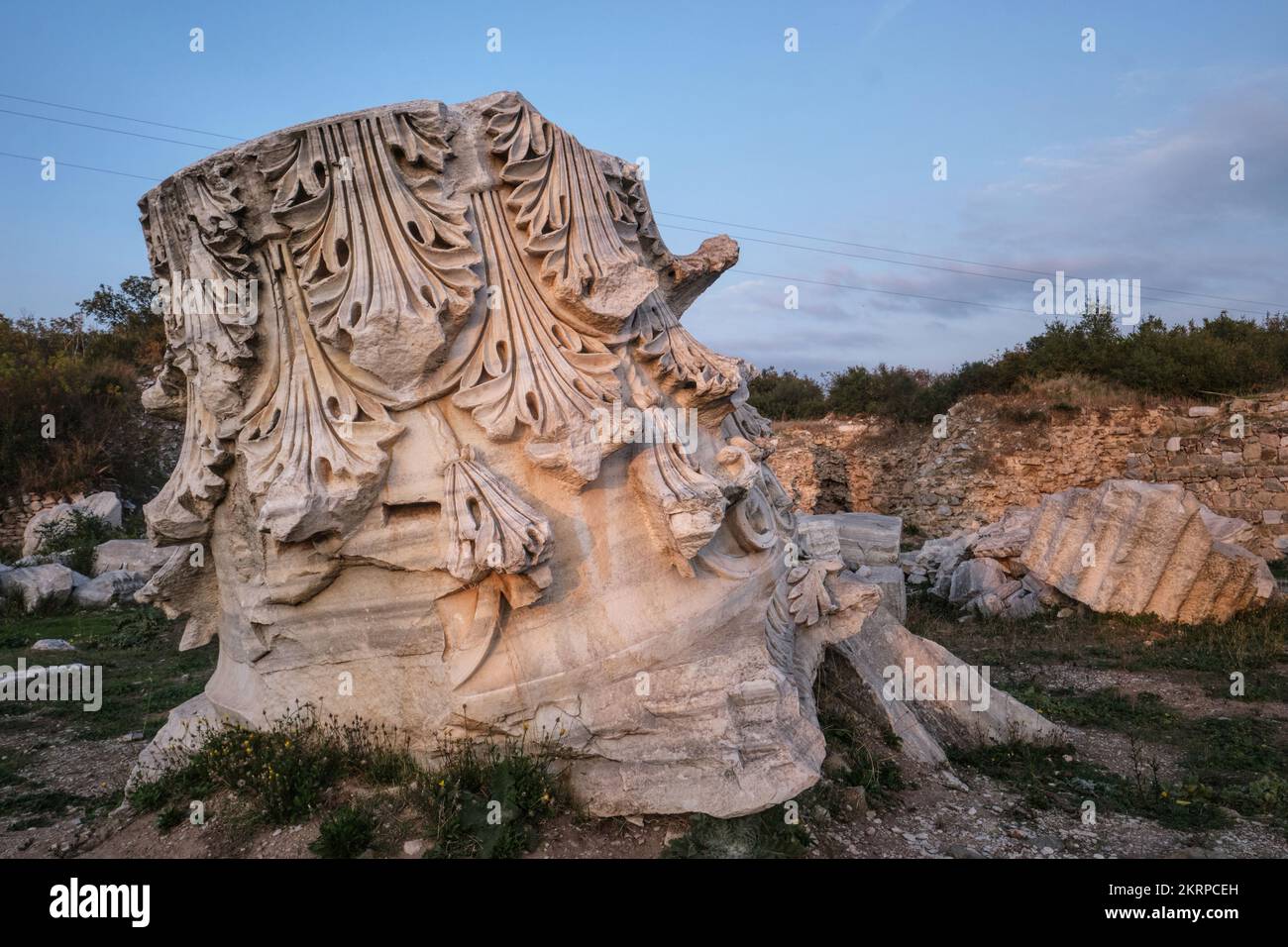 Balıkesir, Turkey- October 06, 2021 Corinthian-style column head of Temple of Hadrian in (Kyzikos) Cyzicus Ancient Greek Town Stock Photo