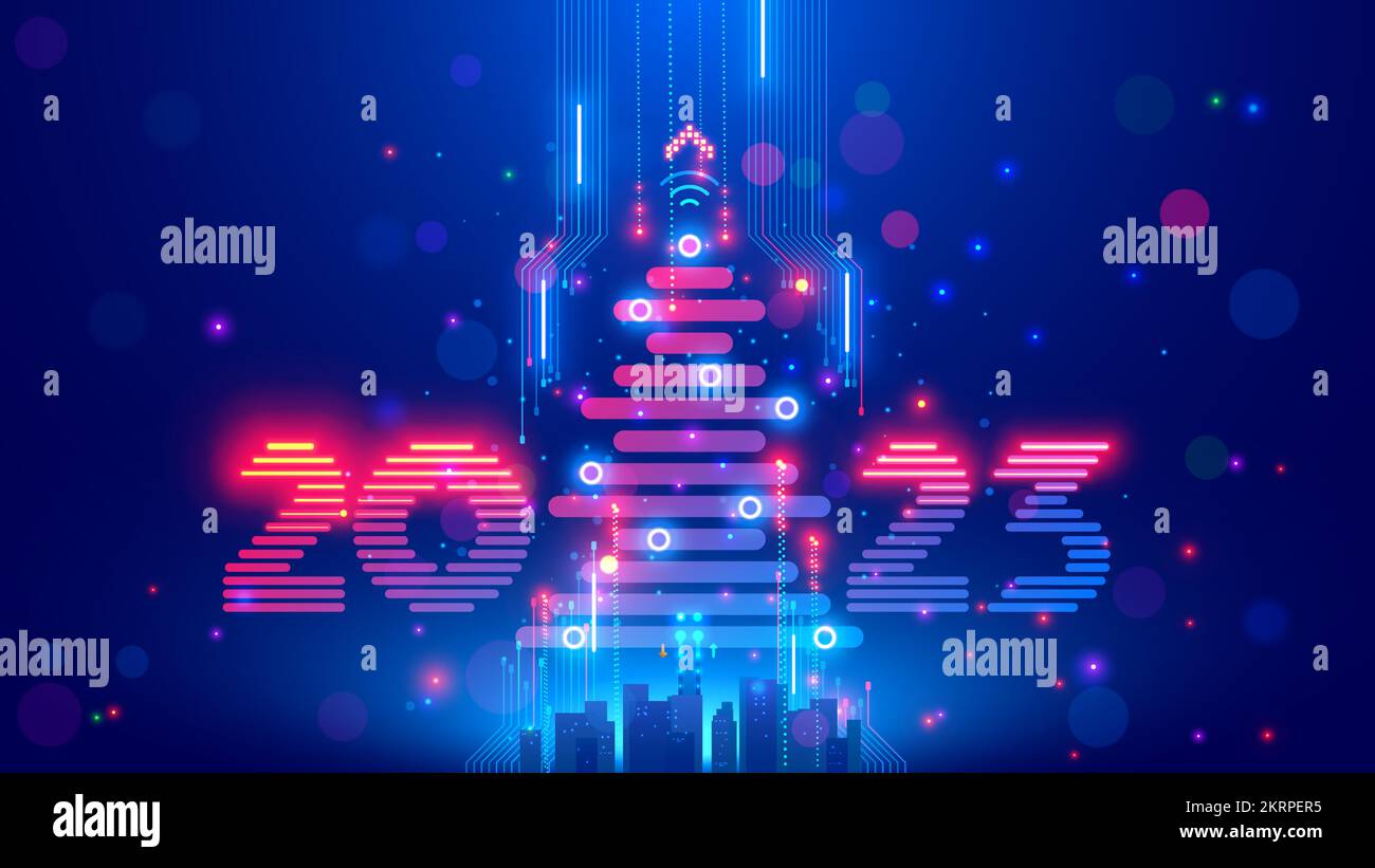Christmas poster with christmas tree, digits 2023 in electronic
