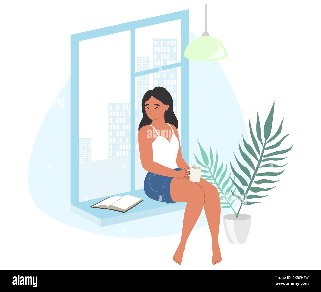 Woman reading book sitting on window vector Stock Vector Image & Art ...